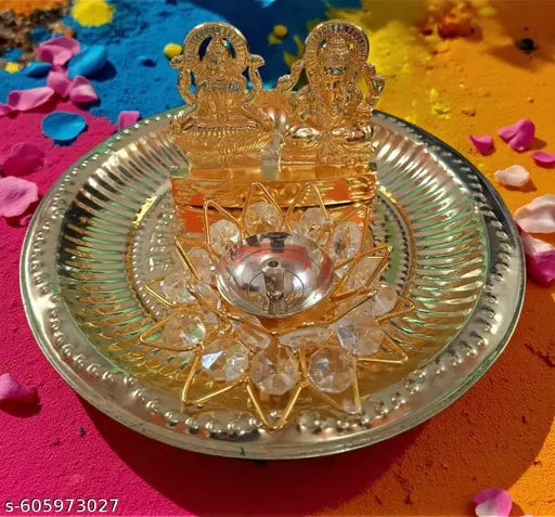 ANI DIVINE Beautiful Handcrafted Lakshmi  Ganesh Idols with  Lotus  Crystal Diya & 8 Inch Brass Engraved Pooja Thali  For Diwali Puja, Home Temple, Auspicious Beginnings, Wealth, Success, Prosperity