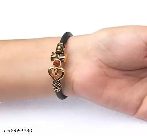 Men Black Gold Plated Affirmation Bracelet | Rudraksha Shiv Om Trishul Damroo Kada Bracelet