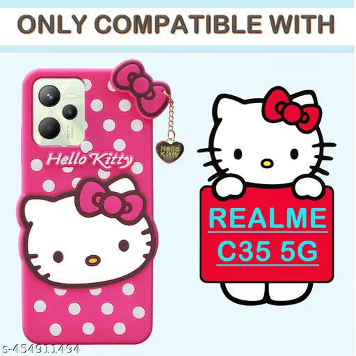 Asgeot Luxuary Cover For Realem C35 4G Cute Hello Kitty Soft Case with 3D Kitty Face And Golden Pendant (Pink)