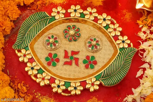 Decorative Fancy Gold Plated Pooja Thali/Haldi Kumkum Holder Box/Rakhi/Diwali Puja Plate.[10 Inch]