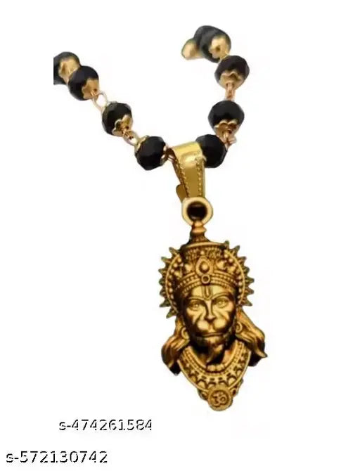 hanuman ji face pendant with gold  plating  , black moti mala chain   for men and women both | religious  bajrang bali ji  gold  locket with spritual powers to protect  humans from negativity /02