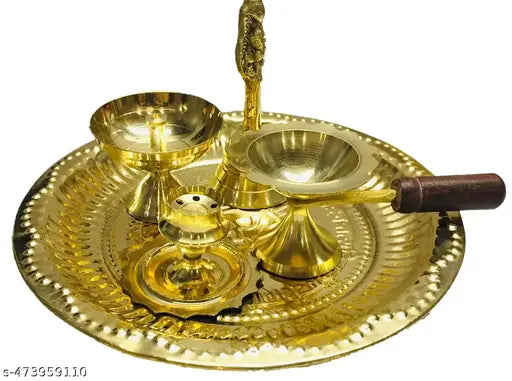 Pooja Thali Set_5 Pcs_Brass_Om & Gayatri Mantra Embossed on Plate (8.5inch)_Decorative Puja Set, Gifts for Diwali, Festivals (with Box)