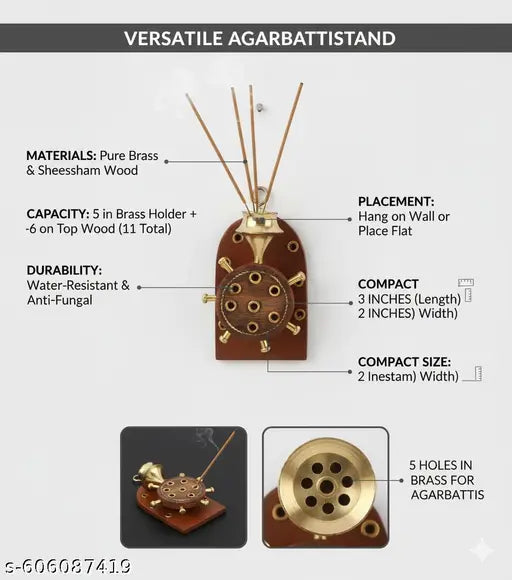 Sheesham Wood and Brass Hanging Incense Stick Holder for Home Temple | Agarbatti Stand for Puja | Dhoop and Agarbatti Holder with Ash Catcher