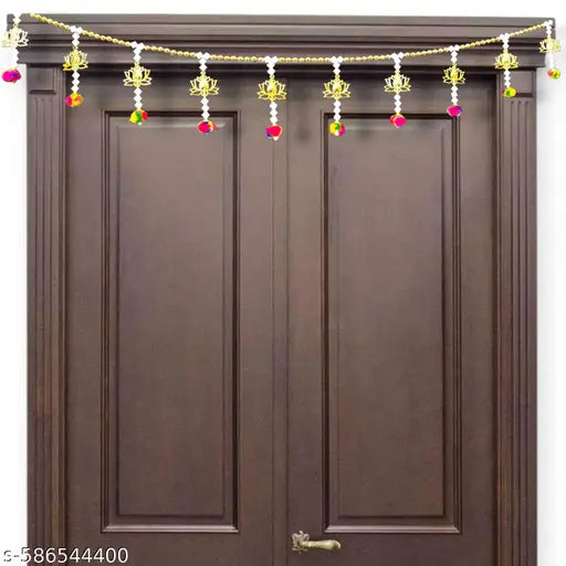 Fancy Festive Toran Golden Lotus Beaded Toran with Colorful Pom-Poms | Decorative Door Hanging for Home, Mandir & Festival Decoration