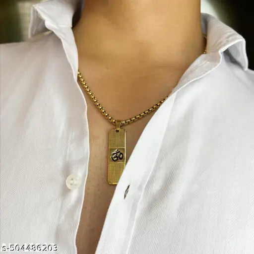 Gold-plated Om pendant necklace/Men's religious jewelry/Stylish Om locket for men/Hindu spiritual pendant/Trendy gold chain with pendant/Fashionable men's necklace/Devotional jewelry for men/Long chain Om necklace