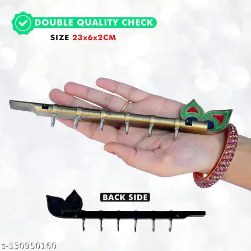 Krishna Flute Metal Key Holder with 6 Hooks | Brass Peacock Key Stand & Wall Mount Hanger | Home Decor Gift (23x6cm)