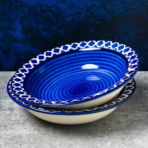 Claybender's Ceramic Soup Pasta Maggie Salad Plate, Blue Two, Color Blue border white, Plate Set of 2