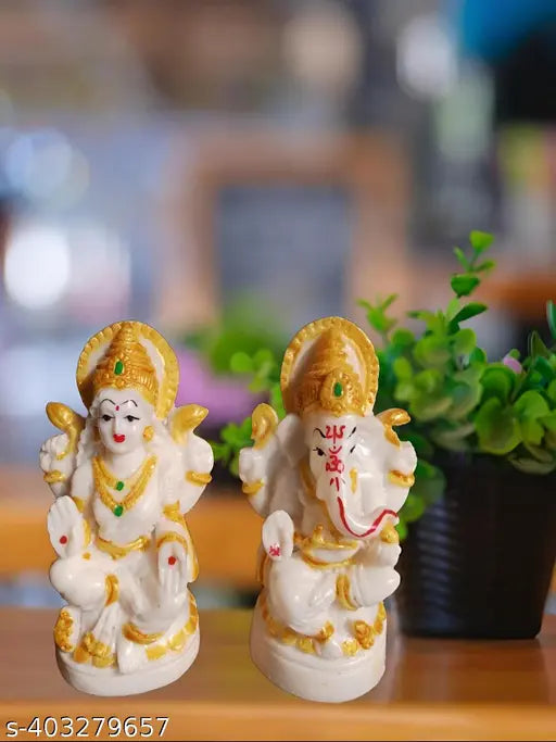 MARBLE FINISH LORD LAXMI GANESH MURTI IDOL /STATUE FOR DECOR POOJA ROOM CAR DASH BOARD TABLE/ GOLDEN COLOUR - (4INCH SIZE) DIWALI GIFT