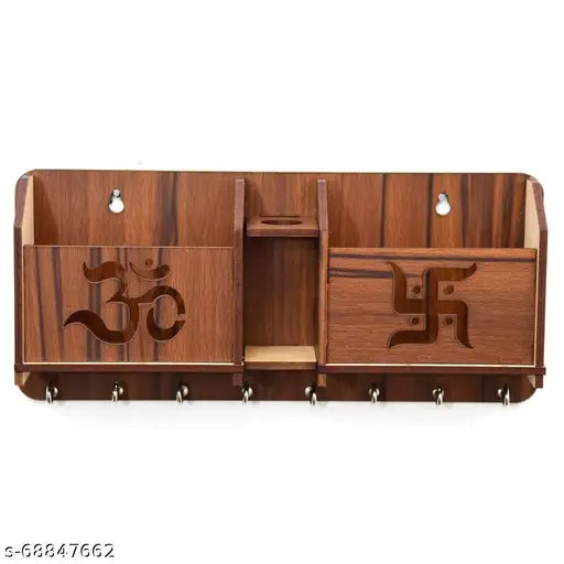 SK WOODEN CRAFT 2 Pocket Pen Stand Om Swastik 7 Hook Brown Wood Key Holder Wood Key Holder (7 Hooks, Brown)