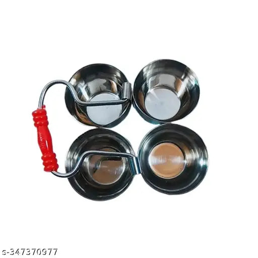 Puja Puja Roli Chawal, Elaichi, Mishri 4 Bowl Stand | Chowmukh Haldi Kumkum Holder Patra (Small Size: 8.5x8.5x5.5 cm, Color: Multi) (Stainless Steel)