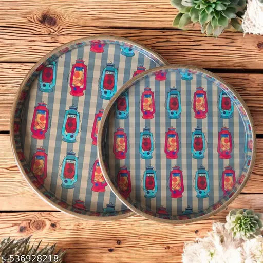 MADARKS Handcrafted MDF Decorative Round Trays – Set of 2 (9 & 7 Inch) | Printed Art Designs | Enamel Finish | Multipurpose Use