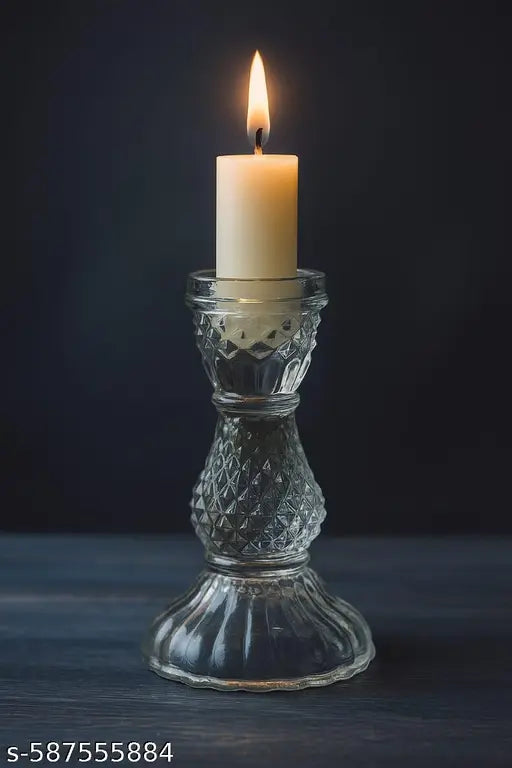 Vijyas Glass Candle Holder Stand – Elegant  Cut Transparent Pillar Candle Stand for Home Décor, Table Centerpiece & Festive Decoration Pack of 2
