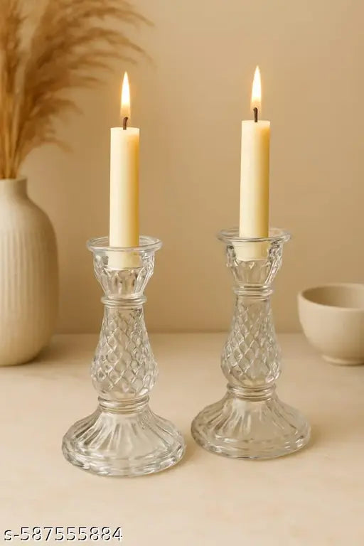 Vijyas Glass Candle Holder Stand – Elegant  Cut Transparent Pillar Candle Stand for Home Décor, Table Centerpiece & Festive Decoration Pack of 2