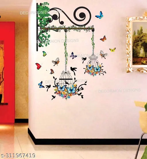Beautiful Butterfly-Birds-Tree-Hanging Cages Design Wall Sticker  (Desing-3)