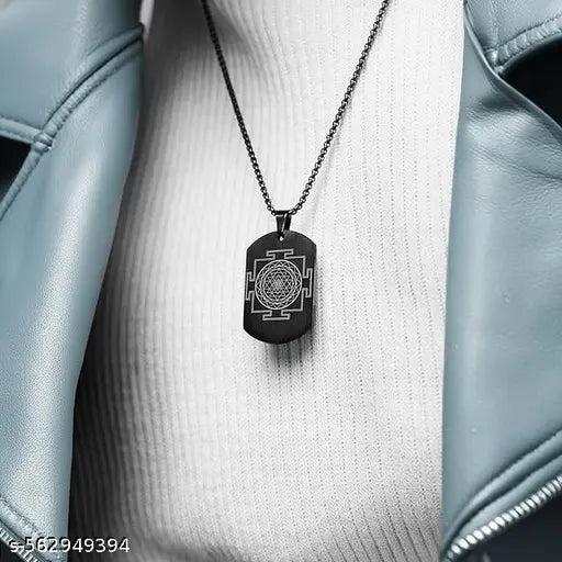 Shree Yantra Locket Pendant with Chain | Lord Shree Yantra Spiritual Locket Micro-carved Tag Stainless Steel | Unisex Religious Pendant | Divine Protection Jewelry