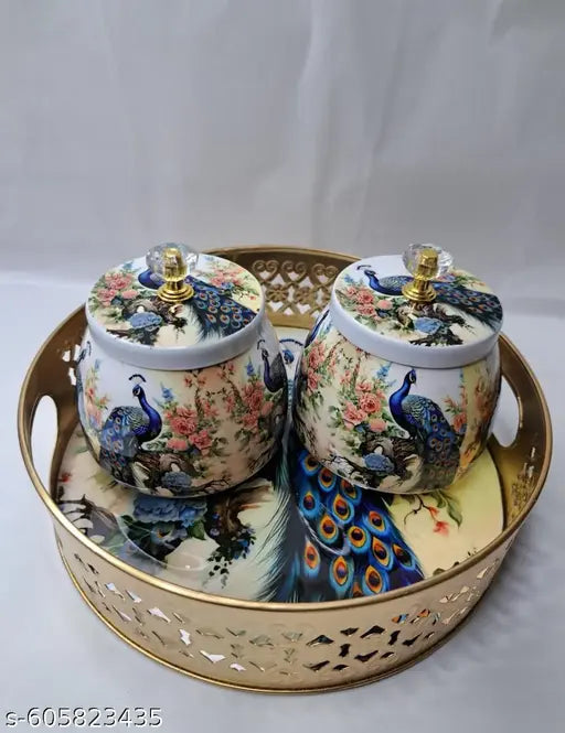 Elegant Peacock Design Tray & Jar