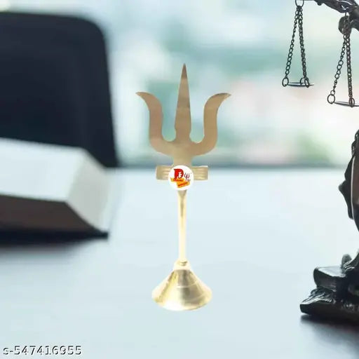 DARIDRA BHANJAN Mahadev Brass Trishul Stand with Damru, shiv ji Trishul, Brass Trishul, shiv Damaru Trishul, Beautiful Handcrafted Brass Trishul (H-11cm) Use for themed decor in devotional corners or meditation rooms.