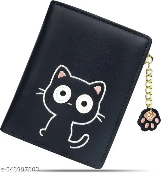 Cute Cat Wallet for Women – Small Bifold PU Leather Purse with Zipper & Paw Charm – Kawaii Animal Coin Card Holder