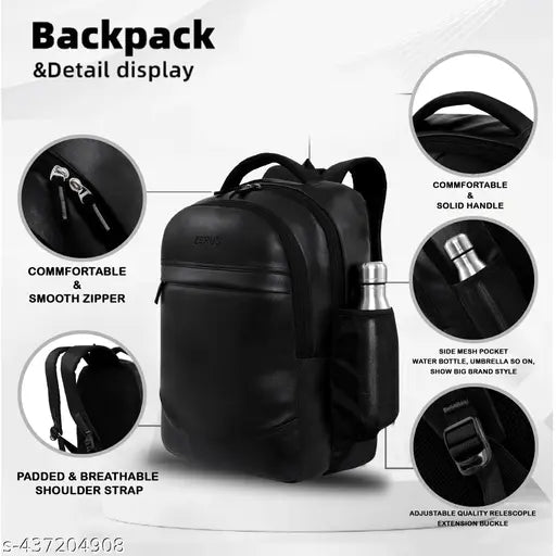 Zerus Trendy School Bag Black 15.6 Inchs Premium Faux Leather Backpack For Office & College Laptop Backpack For Women Daily Use Backpack