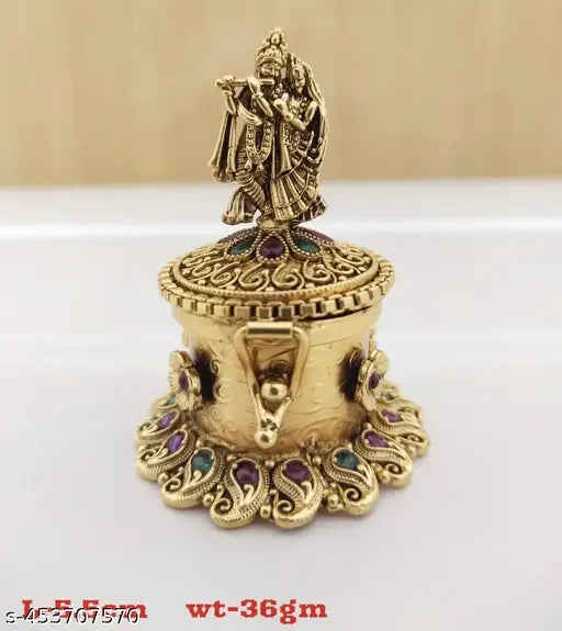 NSK- Radhakrishna Beautiful Handcrafted Gifting Sindoor Kumkum Dibbi, Handmade Traditional Haldi Sindoor Dibbi For Pooja, Antique finish, Round, Golden