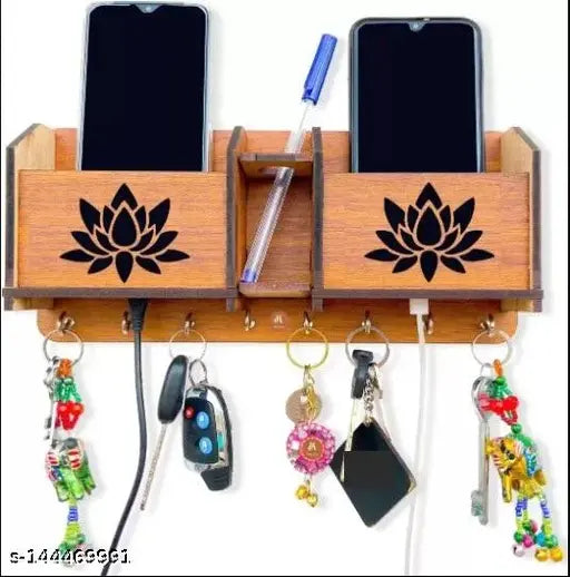 LOTUS Unique Designer Wooden 2 Pocket Pen Stand 8 Hook Wood Key Holder for Home /Office /Living Room/Kitchen (Brown)