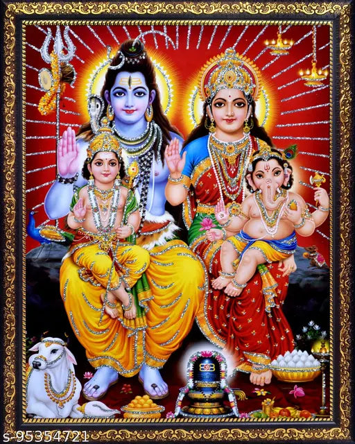 Shiva Parvati with Ganesh and kartikeya ji/Shiv parivar Photo Frame with Laminated Poster for puja Room Temple Worship/Wall Hanging/Gift/Home Décor ( 6inchesx8Inches) Religious Framewith Laminated