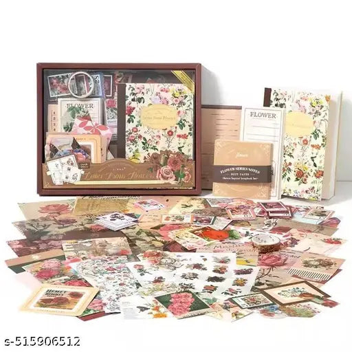 346PCS Vintage Scrapbook Kit Aesthetic Junk Journal Set with Stickers, Washi Tape & A6 Notebook with Decorative Paper Stationery (Flower)