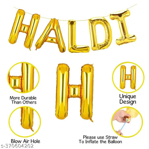 Golden Metallic Balloons, Haldi Foil Letters Balloons, Star Heart Foil Balloons, Gold Fringe Curtains Haldi Decoration Set for Wedding/Girls - Pack of 26