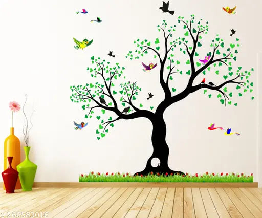 NATURE - BEAUTIFUL - GREEN LEAFS - BIG - TREE - FLYING - BIRDS WALL STICKER