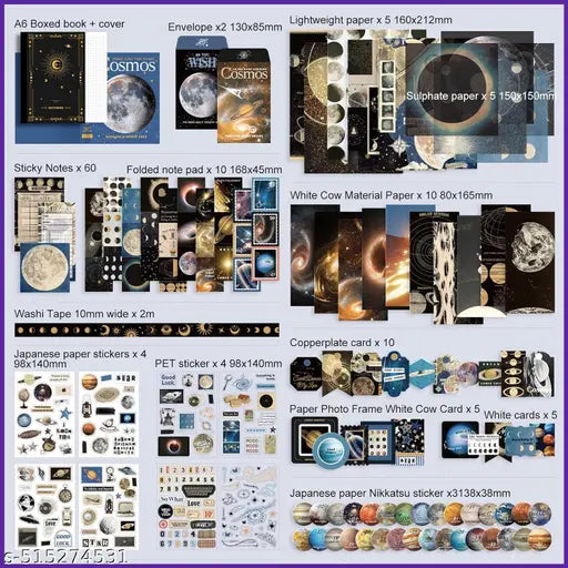Scrapbooking Supplies Kit, Aesthetic Cosmos Scrapbook Kit for Junk Journal, Stationery, Bullet A6 Grid Notebook DIY Scrapbook Birthday Craft Gift for Teen Girl Kid Women (Cosmos)