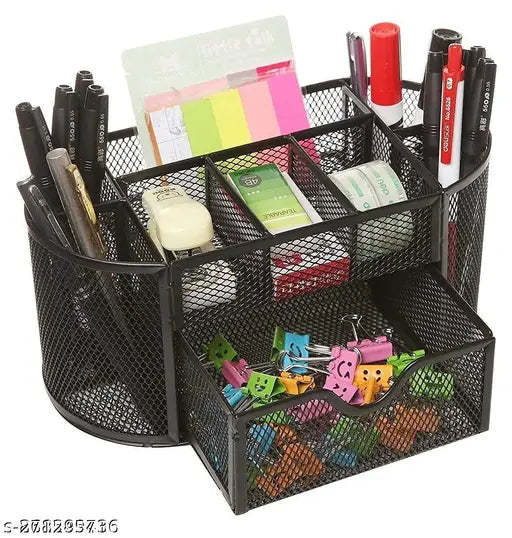 Metal Mesh Pen and Pencil Stationary Storage Tidy Desk Organizer Box with 9 Compartment for Home and Office Accessories (Black Color)