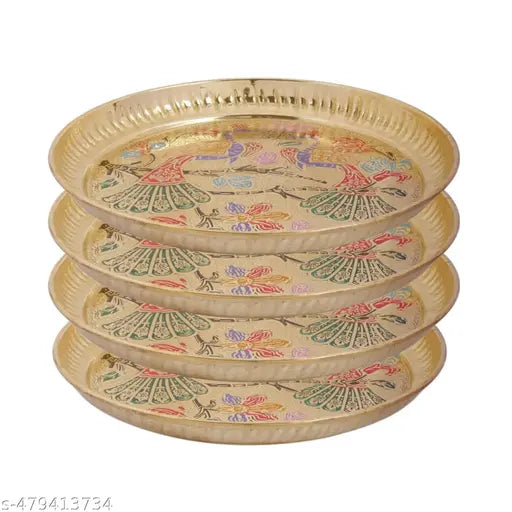 Pure Brass Plate Thali Serving Purpose Engraved Peacock Design 8 Inch Pack of 4