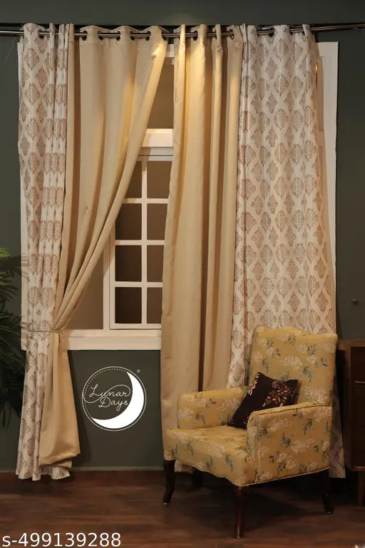 Lunar Days combo Blackout Beige 2 Pc and damask Beige 2 Pc Door Curtain 7 Feet Set of 4 Eyelet Printed Polyester Curtain for Living Room Beige