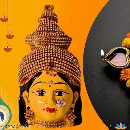 PujaNPujari Ammavari Face With Stones 7 inches, Goddess Lakshmi For Varalakshmi Pooja, Diwali or Wall Hanging Goddess Varalakshmi Ammavaru face