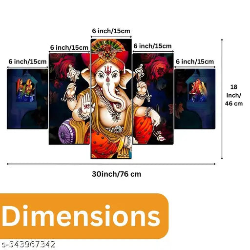 Spiritual Ganesh Home Decor Digital Reprint Painting 30x18 inches (5 Panel Painting)