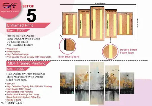 SAF Paintings for Wall Decoration - Set Of Five, 3d Scenery Vastu Painting for Living Room Large Size with Frames for Home Decoration, Hotel, Office 76.2 cm x 45 cm SANFPNLS35475