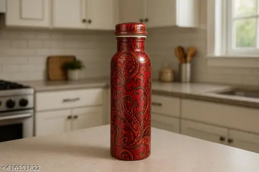 Elegant Red Paisley Copper Water Bottle – 1L | Handmade Ayurvedic Flask for Daily Hydration & Wellness