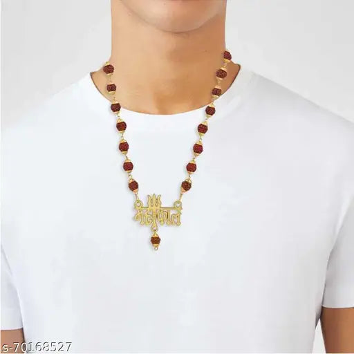 19 J JEWELS- Mahakal Pendant with Trishul Panchmukhi Rudraksh Locket Mala (10mm 36 Beard) Gold Plated Wood Chain (Pack of 1).