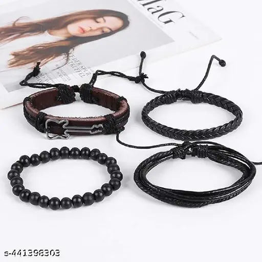 4pcs Per Set Multistrand Genuine Leather with Guitar Charm Leather Bracelet for Men & Boys Music Lover (Multi-Color)