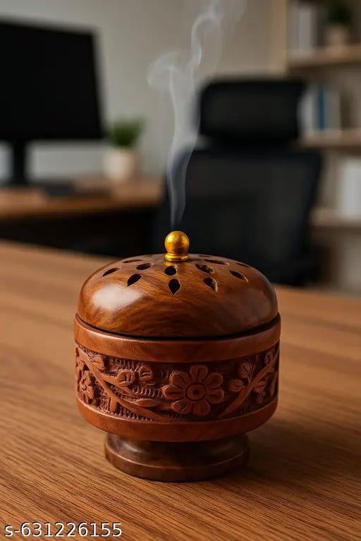 Wooden Effarts™ Royal Wooden Carved Incense Burner Box | Handmade Floral Design Agarbatti Holder with Ventilated Lid | Luxury Aroma Stand for Puja Room, Yoga & Gifting Purpose