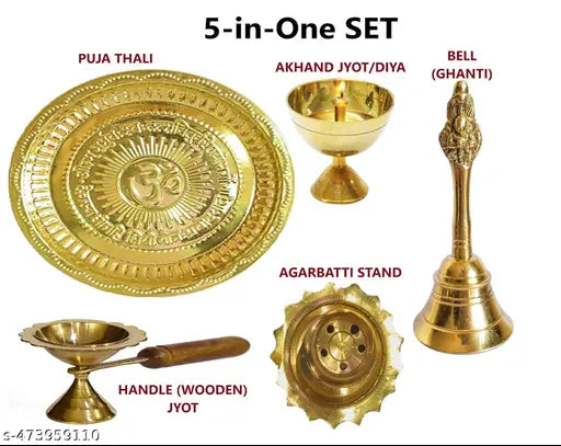 Pooja Thali Set_5 Pcs_Brass_Om & Gayatri Mantra Embossed on Plate (8.5inch)_Decorative Puja Set, Gifts for Diwali, Festivals (with Box)