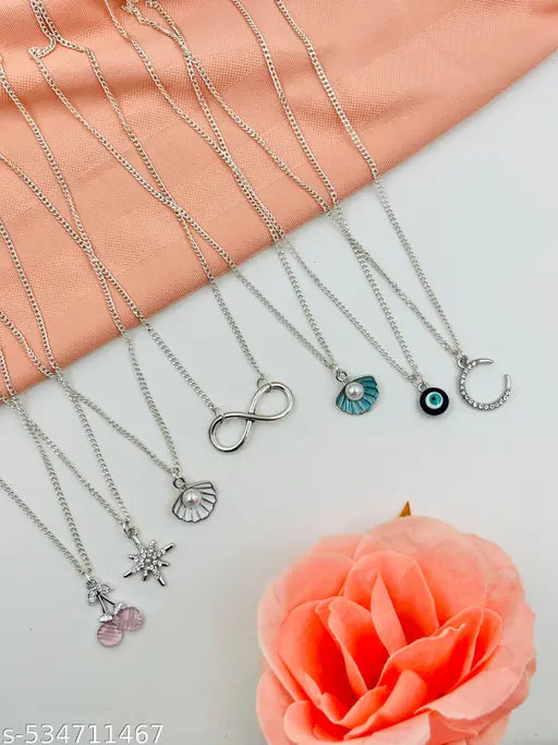 Trendy Silver-Plated 7 Pendant Necklace Combo | Stylish & Elegant Neck Jewelry for Women & Girls