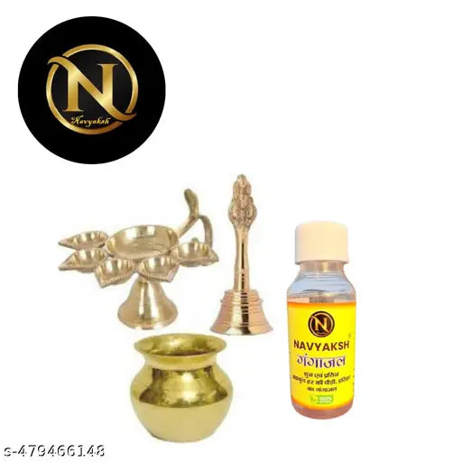 NAVYAKSH vedanshstore Brass Panch Deepak ( Diya ) With Bell ( Ghanti ) and Lutiya ( kalas ) for Home and Office Temple Brass Table Diya Set  (Height: 2.75 inch) WITH FREE BRAHMKUND GANGAJALI (60ML)