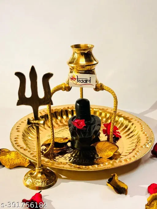 Sanskaari  |  Marble Stone Shiva Lingam Set Stand and Abhishek Lota Kalash with Swastik Symbol on Brass Plate for Lord Temple Pooja (Black) Puja Articles | Shivling idol | Brass Shivling stand for jalabhishek | Shiva idols | Brass Puja Plate Thali | Shivr