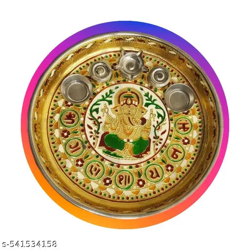 GANESH PRINTED POOJA THALI Decorative Pooja thali/Ornate Embellished Pooja Plate/Traditional aarti thali/Decorated Pooja Tray/Indian Pooja thali with diyas/Puja thali Set with Incense Holder (10 inch)