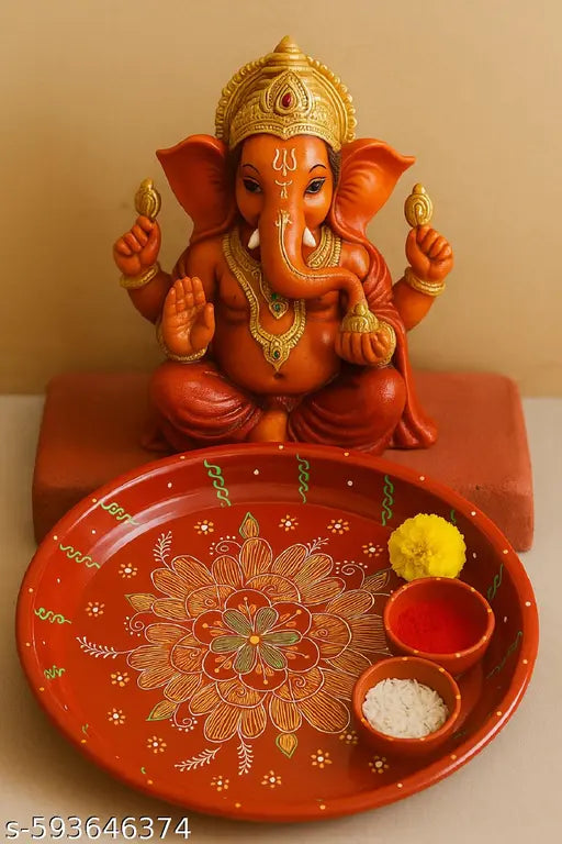 Grest Handcrafted 11 Inches Red Pooja Thali with Floral Design and Two Kumkum Bowls – Decorative Plate for Festivals & Rituals