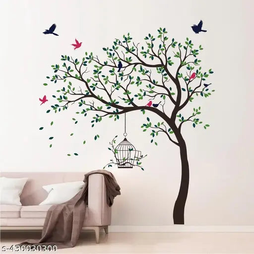 Decal O Decal 175 cm Green And Blue Twin Colours Leaves Tree With Birds Cage Self Adhesive Wall Sticker