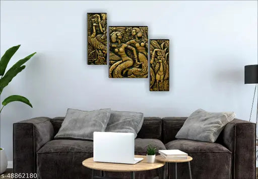 1ArtofCreation Set of 3 Modern Art Wall Art Peacoke People Dancing Culture UV Coated Home Decorative Mdf Wall Painting 12" X 18" Inch CANFJM1391