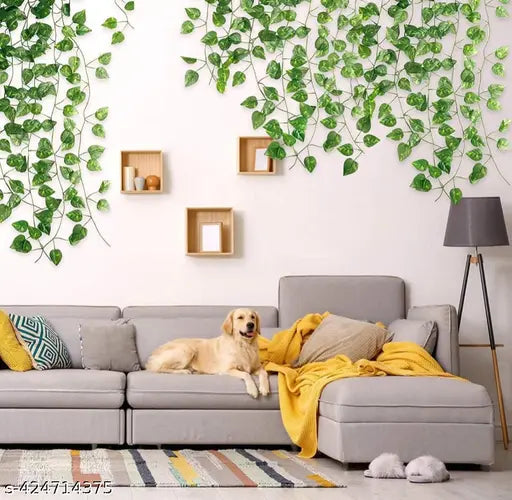 Plantswalls :- (8 Feet) (Set of 6 String) 30 Leave in one String Artificial Garlands Money Plant Hanging Leaves Greenery Vine Creeper Plants for Home Decor Main Door Wall, Balcony, Office, Decoration Party & Festival Craft