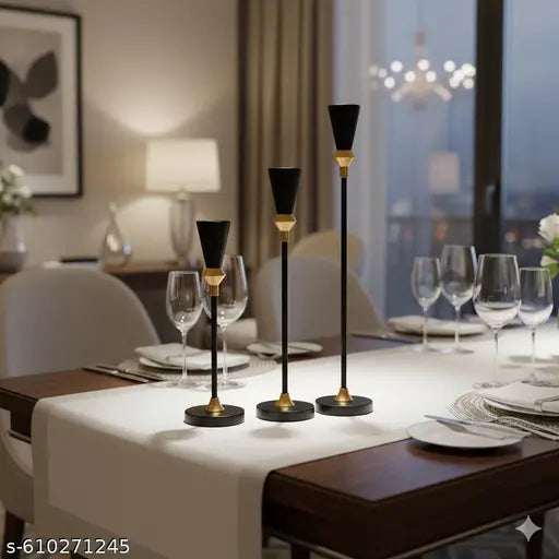 BROSHEE Set of 3 Black Metal Candlestick Holders with Golden Brass Cups | Tall Candle Stands for 3/4 Inch Taper Candles | Modern Home, Wedding & Table Decor